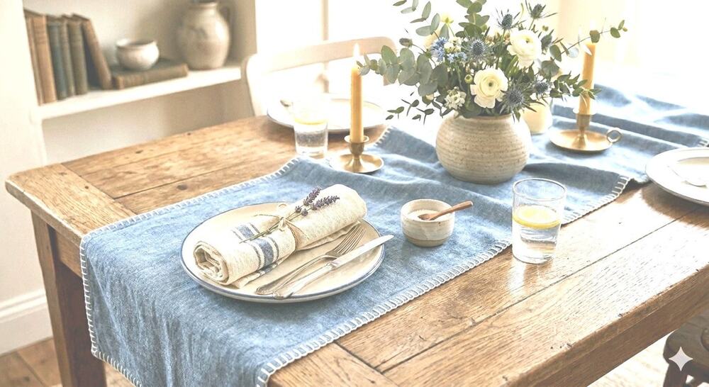 Vintage House Blue Chambray Table Runner 100% Cotton Blanket Stitch Edge 64x13"